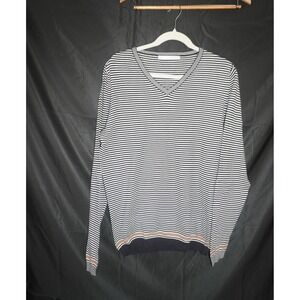 Zara Man Striped V-Neck Sweater  Black White Tan Trim XL